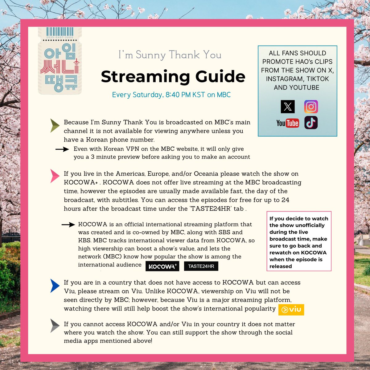 📺I’m Sunny Thank You Streaming Guide [International]

Please refer to the guide for international fans on how to stream the show! The streaming changes based on the country you live in so please read carefully🫶

🔗 kocowa.com
🔗 viu.com/ott/

#ZHANGHAO
