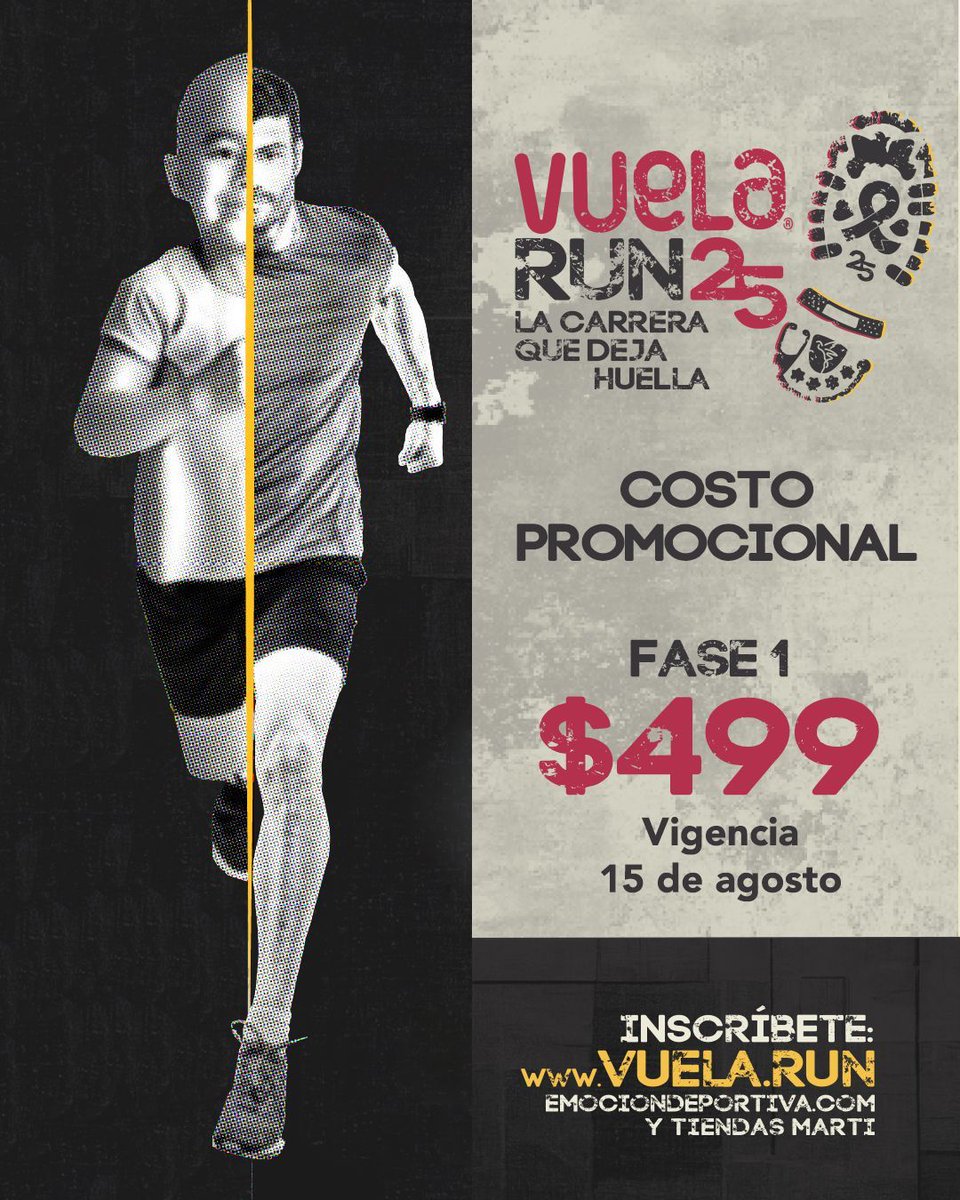 Emoción Deportiva (@emociond) on Twitter photo 🎗️ Este 23 de noviembre corre por los niños con cáncer en la VUELA RUN 2025
Elige tu distancia: 3, 6 o 12 km.
Inscríbete por solo $499 en el link buff.ly/qx3ESw1 o en Tiendas Martí.
💛 Corre con emoción. Cambia su mundo. Salva vidas.
#VuelaRun2025 🎗️ Este 23 de noviembre corre por los niños con cáncer en la VUELA RUN 2025
Elige tu distancia: 3, 6 o 12 km.
Inscríbete por solo $499 en el link buff.ly/qx3ESw1 o en Tiendas Martí.
💛 Corre con emoción. Cambia su mundo. Salva vidas.
#VuelaRun2025