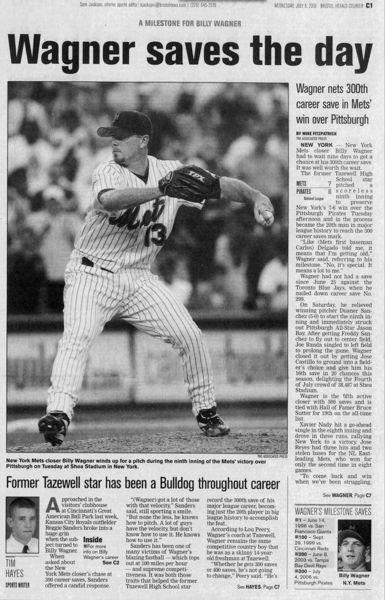 7/4/2006: Billy Wagner (Tazewell) notched the 300th save of his #MLB career.

His Baseball #HallofFame enshrinement ceremony occurs later this month in Cooperstown.

#Mets #LocalsInThePros