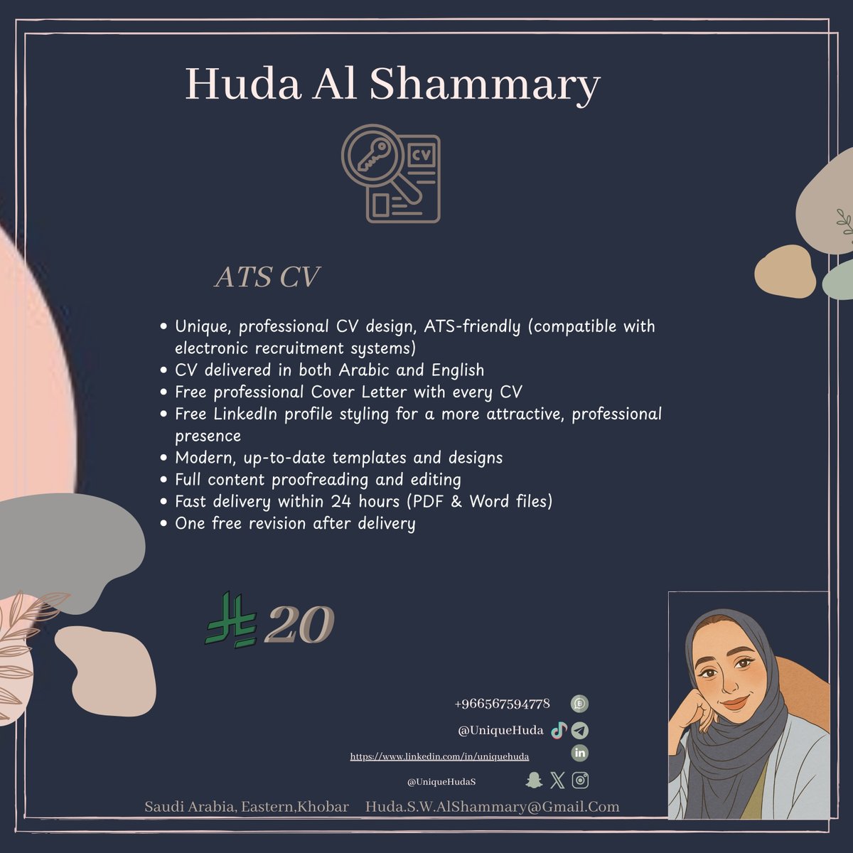 UniqueHudaS's tweet image. • تصميم سيرة ذاتية احترافي بنظام ATS باللغتين العربية والإنجليزية
• يشمل كتابة Cover Letter مجاني
• يشمل تنسيق LinkedIn مجاني مع كل سيرة ذاتية
 سيرة ذاتية عصرية متوافقة مع أنظمة التوظيف تساعدك في إبراز خبراتك وفرصك الوظيفية.
#سيرة_ذاتية #ATSCV #CV #Resume #وظائف #توظيف…