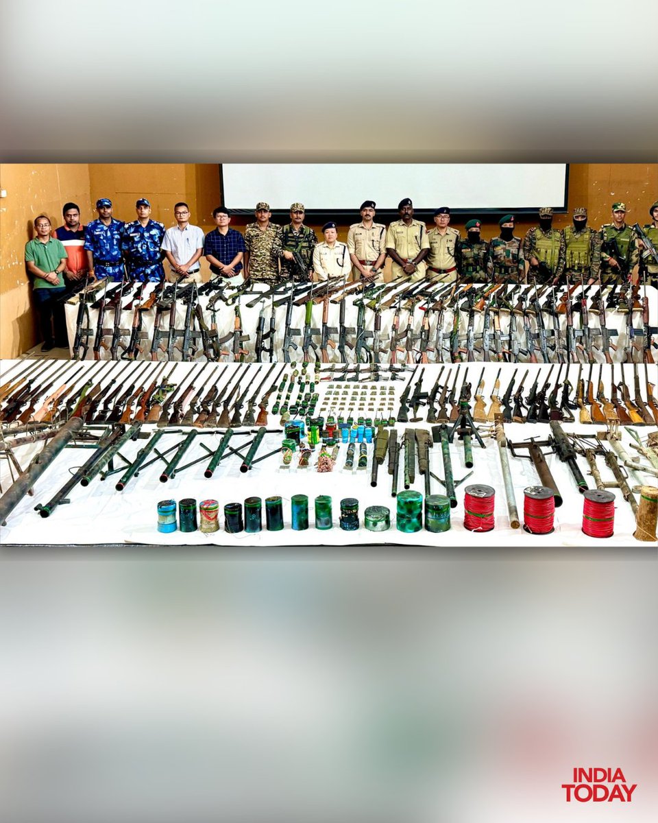 IndiaToday's tweet photo. In a major crackdown on illegal arms circulation, joint security forces recovered a massive cache of weapons, ammunition, and explosives during coordinated overnight operations in Manipur's hill districts.

The intelligence-led operations were conducted between midnight of July 3 and the morning of July 4 across Tengnoupal, Kangpokpi, Chandel and Churachandpur districts.

According to a statement issued by the Office of the Director General of Police, Manipur, the operations were carried out jointly by Manipur Police, Assam Rifles, the Indian Army, and other Central Armed Police Forces (CAPFs). The raids followed specific intelligence inputs regarding the presence of warlike materials in interior forested locations.

Security forces recovered 203 firearms of various calibres and a significant quantity of ammunition and explosives. Among the weapons seized were 21 INSAS rifles, 11 AK-series rifles, 26 self-loading rifles (SLRs), 2 sniper rifles, 3 carbines, 17 .303 rifles, 2 mortars, 3 M79 grenade launchers, and 31 single-bore guns. The cache also included 38 pump-action guns, 4 muzzle-loaded rifles, and a number of locally made pistols and rifles.

Read here: https://t.co/uvyhDCzbPK 

#ITCard #Manipur | (@BabieShirin)