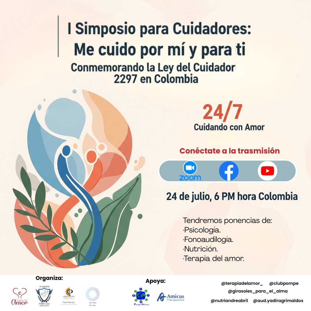 ClubPompe's tweet image. 🧡 1er Simposio para Cuidadores: &quot;Me cuido por mí y para ti&quot; Conmemorando la Ley del Cuidador 2297 en Colombia, este 24 de julio queremos rendir homenaje a esos héroes silenciosos que están 24/7 cuidando con amor.
Evento virtual
Zoom: bit.ly/1SimposioCuida…