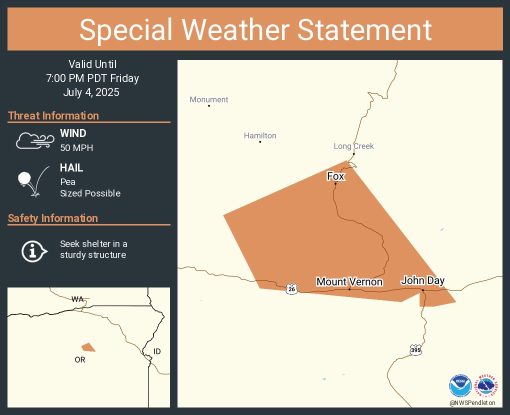 NWSPendleton's tweet image. A special weather statement has been issued for John Day OR, Canyon City OR and Mount Vernon OR until 7:00 PM PDT