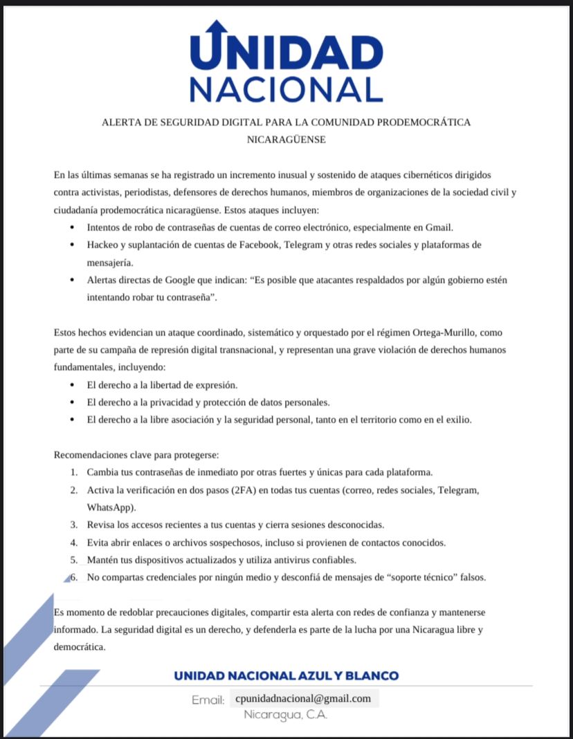 UnidadNic's tweet image. 🚨🚨 Alerta de Seguridad Digital para la Comunidad Prodemocrática Nicaragüense 🚨🚨 #AlertaDigital #CiberseguridadNicaragua #DemocraciaEsPrivacidad