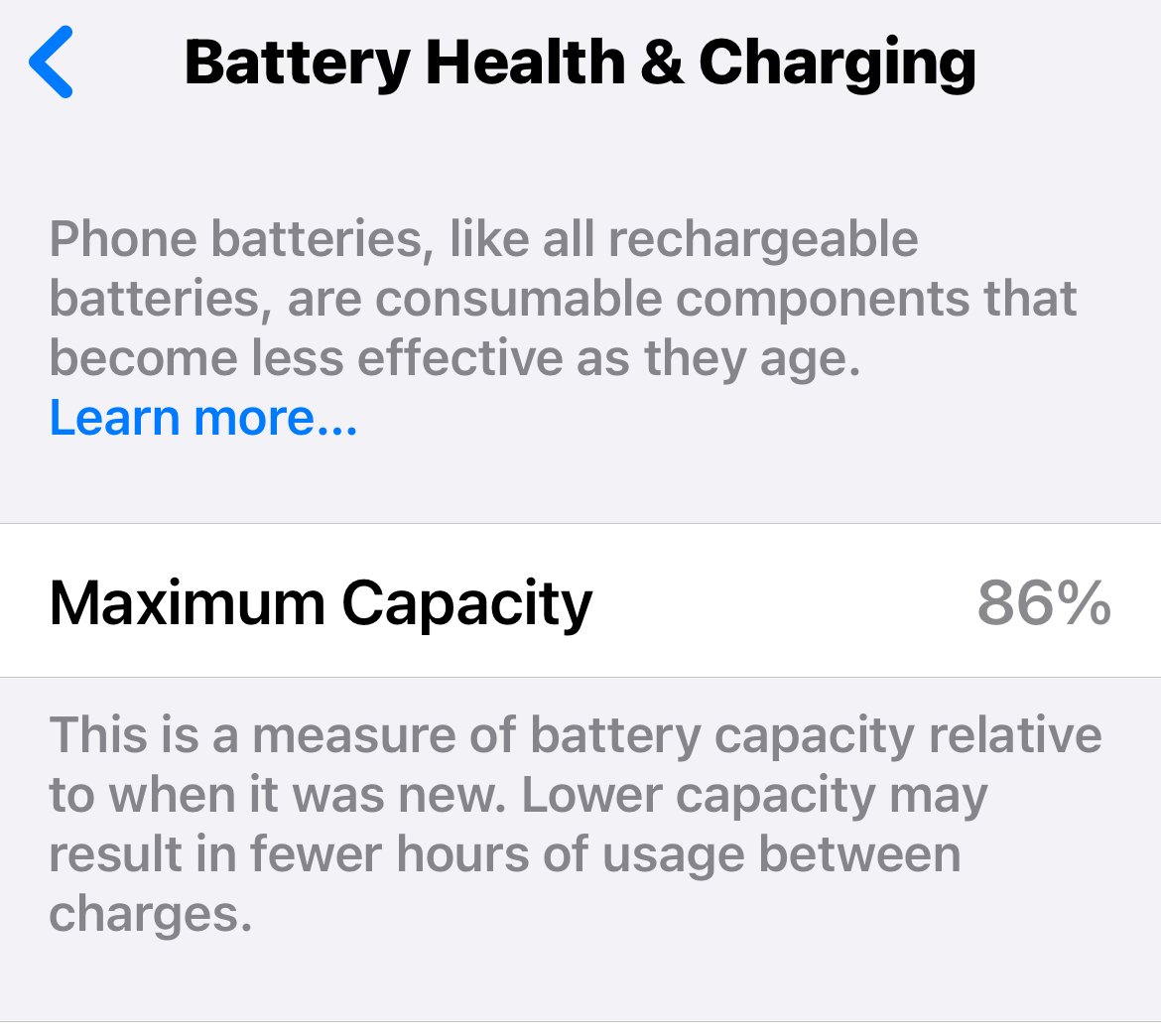 06E90's tweet image. Why do I strongly suspect that Apple rigs this iPhone setting so it doesn’t reach the 80% required for them to replace the battery under AppleCare? My battery is dying faster than ever and 86% hasn’t changed since last year
