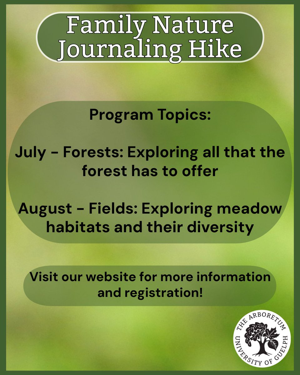 Family Nature Journaling Hike!
Saturday, July 5, 2025, 9 AM - 11 AM
OR Saturday, August 9, 2025, 9 AM - 11 AM
In-Person
Instructor: Christa Wise
Fee: $12 +HST per person/per hike
Register via the link in the bio or here: arboretum.uoguelph.ca/educationandev… 
#UoGArboretum #UofGArboretum #UofG