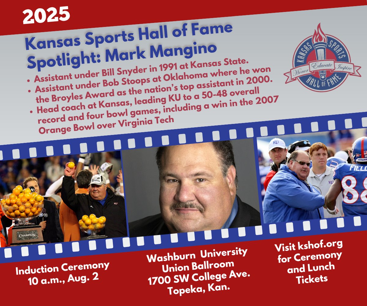 KS Sports HoF (@kshof) on Twitter photo Our next honoree for induction to the Kansas Sports Hall of Fame is <a href="/KeepSawinWood/">Mark Mangino</a>. He joins nine other sports personalities who will be inducted Aug. 2 at the Washburn University Union Ballroom in Topeka. Tickets are available at kshof.org Our next honoree for induction to the Kansas Sports Hall of Fame is <a href="/KeepSawinWood/">Mark Mangino</a>. He joins nine other sports personalities who will be inducted Aug. 2 at the Washburn University Union Ballroom in Topeka. Tickets are available at kshof.org