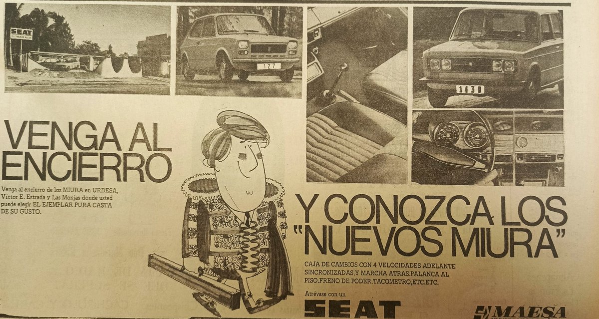 Guayaquil 1980, aviso de automóviles SEAT distribuidos por Mesa. #GuayaquilDeAntes