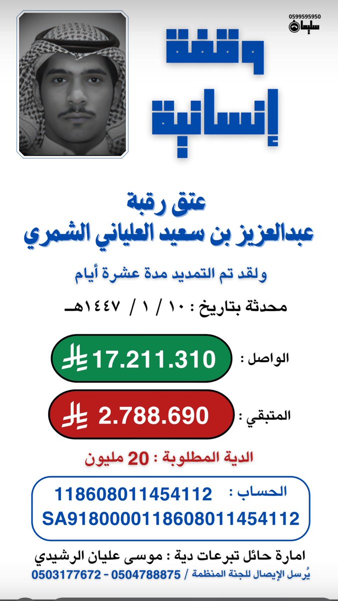 amer_h_6's tweet photo. قال تعالى :( ومن أحياها فكأنما أحيا الناس جميعا ) .
.
.
. المال يفنا وماعند الله باق 
. تبرع لو بالقليل واسأل ان يقر عين والدته به 
. فزعتكم هذا والله الموقف المحسوب 
#عتق_رقبة_عبدالعزيز_خلف_الشمري 
#شمر #الاسلم #عبده #سنجاره 
.
. لاتخلون ولدكم والي يبحث عن السبب قتل صديقه بالخطا https://t.co/Gslhs2rpTU