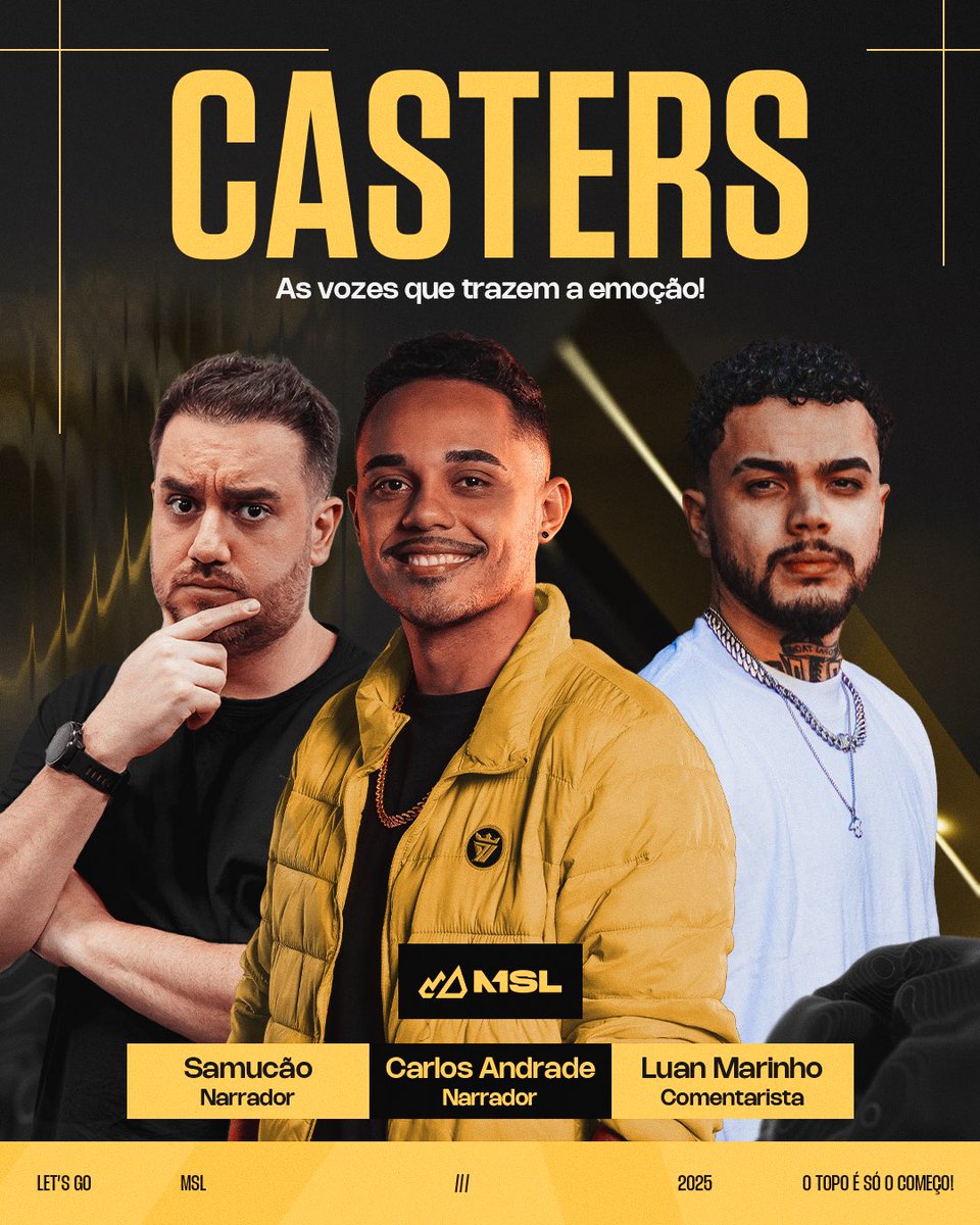 MAJOR SUMMIT (@majorsummitgg) on Twitter photo Pra deixar sua sexta mais feliz: <a href="/JogaSamuca/">Samucão</a> <a href="/nrcarlosandrade/">Carlos Andrade</a> <a href="/oluanmarinho/">Luan Marinho</a> estão confirmados como as vozes oficiais da MSL. Eles chegam pra narrar cada jogada, comentar cada emoção e dar vida a essa nova era do competitivo! 🎙️ #GOMSL Pra deixar sua sexta mais feliz: <a href="/JogaSamuca/">Samucão</a> <a href="/nrcarlosandrade/">Carlos Andrade</a> <a href="/oluanmarinho/">Luan Marinho</a> estão confirmados como as vozes oficiais da MSL. Eles chegam pra narrar cada jogada, comentar cada emoção e dar vida a essa nova era do competitivo! 🎙️ #GOMSL