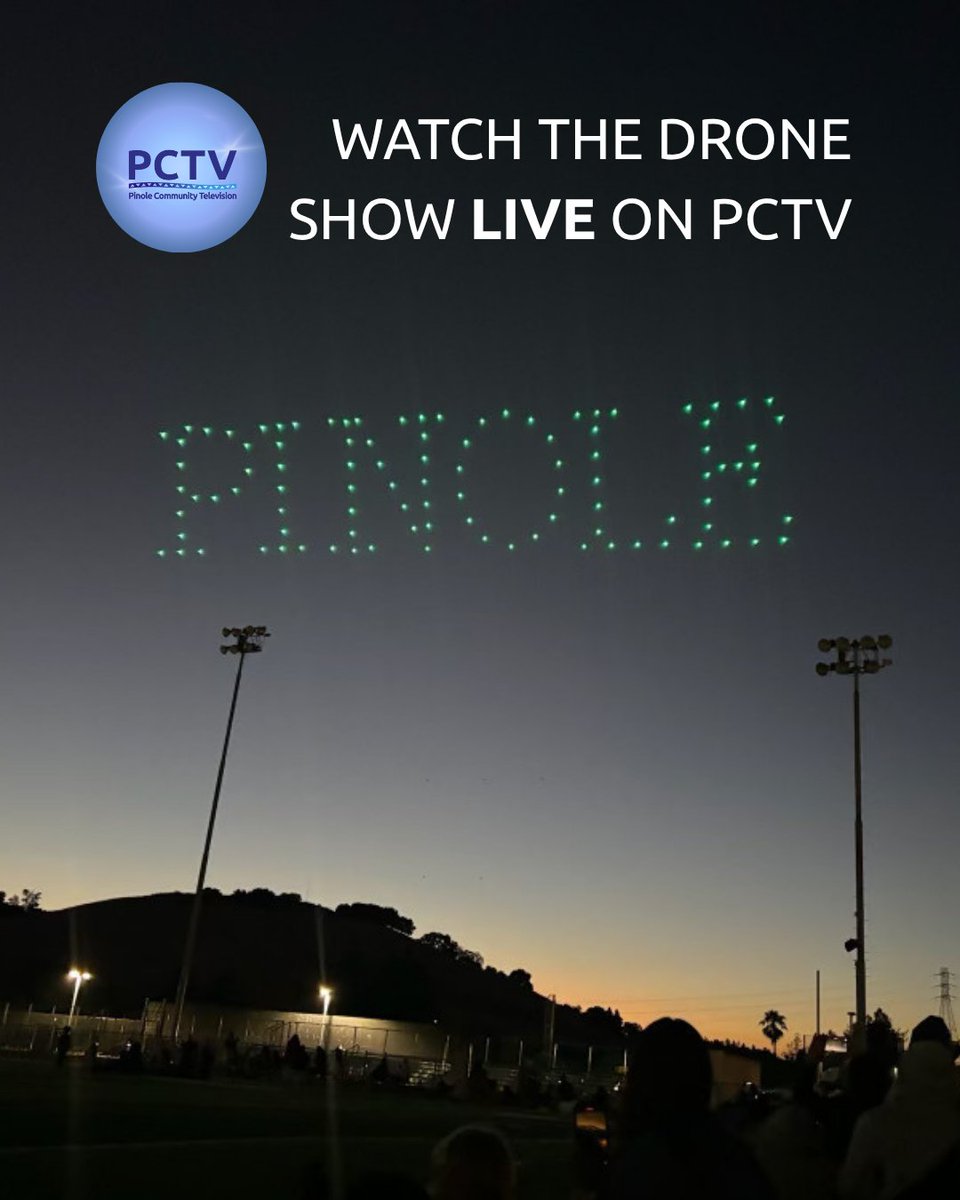 🎆 Can’t make it to tonight’s drone show? No problem! Catch it LIVE on PCTV—tune in on cable channel 26, stream it at Pinole.gov/PCTV, or watch on Roku, Apple TV, and Amazon Fire! 📺✨ #PinoleProud #DroneShowLive #PCTV #CityofPinole #CommunityMedia