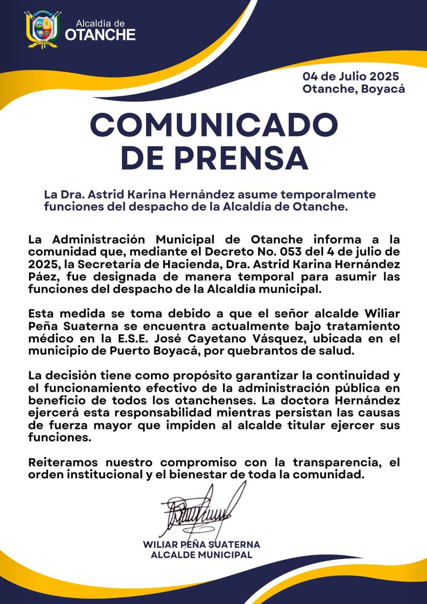 CaracolRadioTun's tweet photo. #ATENCIÓN Debido a problemas de salud del actual alcalde de #Otanche Wiliar Peña, la secretaria de Hacienda, Astrid Karina Hernández, fue designada temporalmente para asumir las funciones de la Alcaldía Municipal. https://t.co/B68TJ8wbuJ