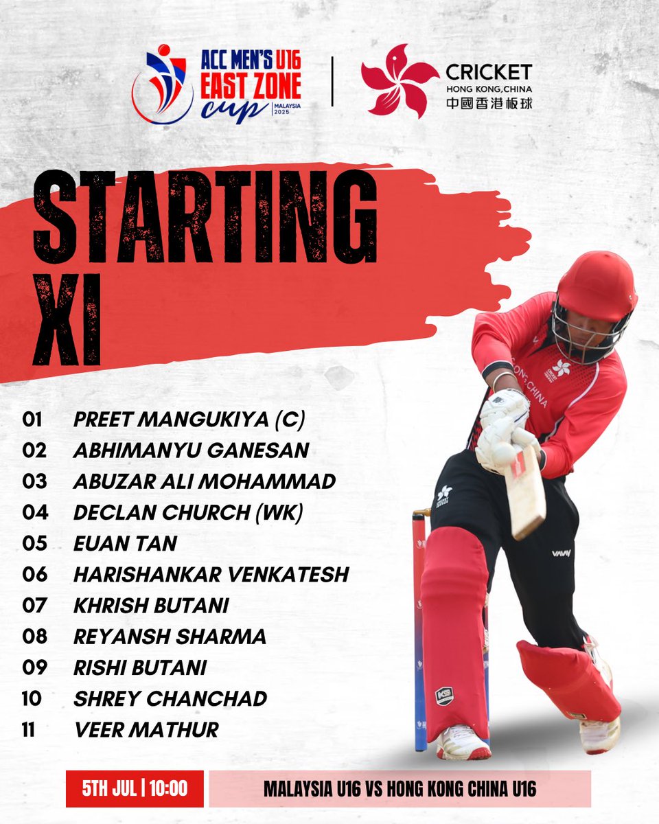 🔥 The stage is set for our team's ACC Men's U16 East Zone Cup third-place match against Malaysia U16 today at 10 AM HKT! Are you ready to show your support and cheer them on all the way?

🏏 Hong Kong, China U16 won the toss and chose to bat first.

🔗Livestream: