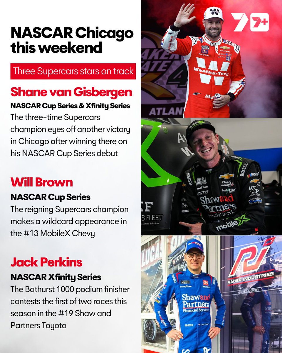 Aussies <a href="/will_brown87/">Will Brown</a> &amp; <a href="/jack_perkins/">Jack Perkins</a> will join <a href="/shanevg97/">Shane van Gisbergen</a> in <a href="/NASCAR/">NASCAR</a> this weekend on the streets of Chicago! 🚗💨