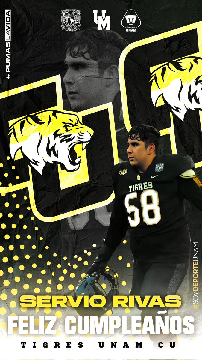 PUMASCUfanbase's tweet image. 🔥 ¡El orgullo universitario celebra a uno de sus guerreros!
Servio Rivas, liniero ofensivo de los TIGRES UNAM CU, cumple años siendo sinónimo de fuerza, entrega y pasión por la UNAM.
En cada bloqueo, en cada jugada… su garra habla.
¡Felicidades, #58! 💛💙…