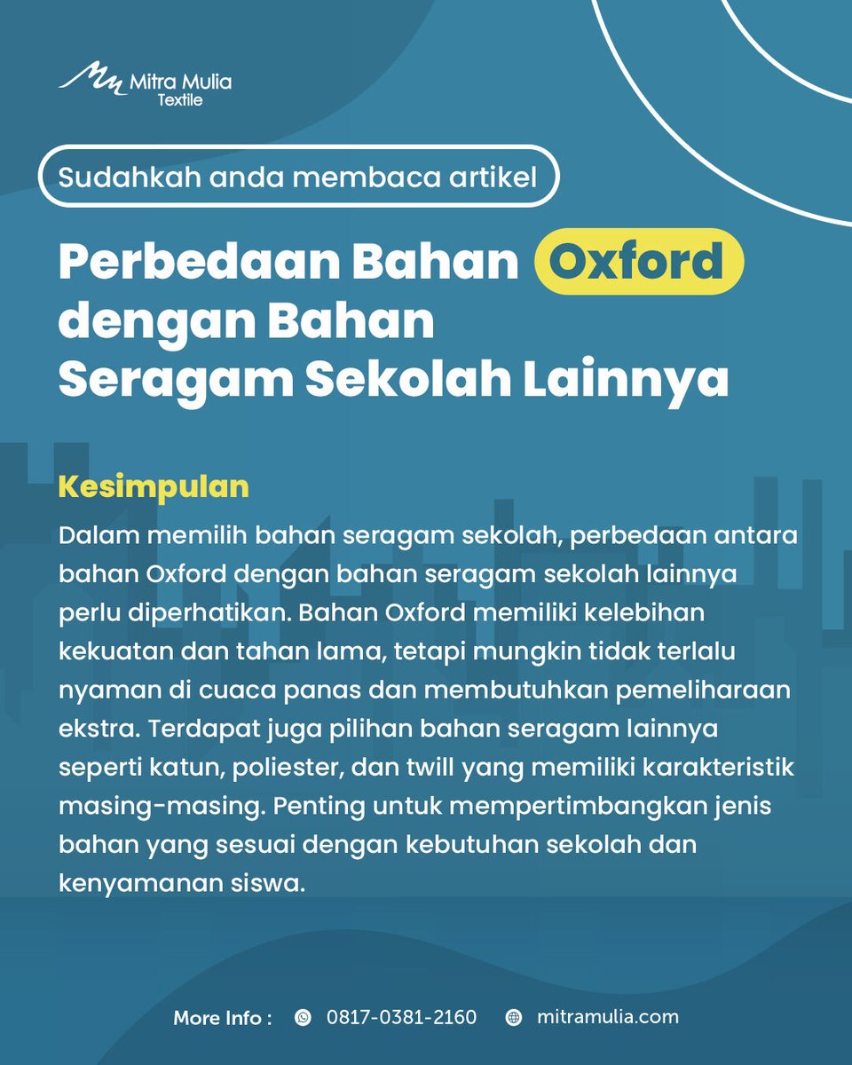 MitraMulia2's tweet photo. PILIHAN TERBAIK UNTUK SERAGAM SEKOLAH?

OXFORD vs BAHAN LAIN - SIMAK FAKTANYA!

✅ KELEBIHAN OXFORD:

    Kuat &amp; tahan lama

    Anti kusut

    Mudah dicuci

Baca lebih lanjut 
https://t.co/w9awQLEaxS https://t.co/ma5RAbyhPx