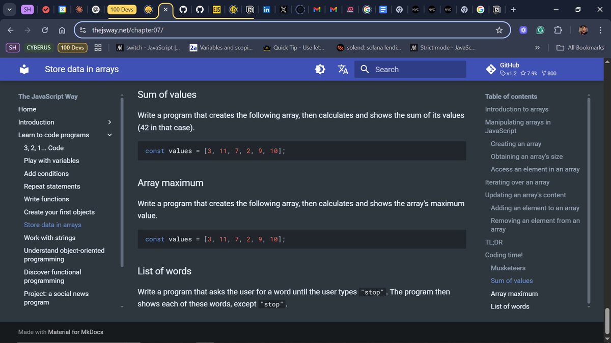 nkanmuo_vera's tweet image. I'm getting some reading done: storing data in arrays.
It's one of the recommended resources for #100Devs classes 19-21

A good memory refresher. If you are interested in checking it out, I'd drop the link in the comment. 

It's quite easy to follow, even if you're to JavaScript