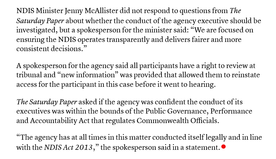 To not comment on this matter specifically is completely unacceptable from the Albanese Government, who are seemingly content to allow the right-wing media to say whatever they like about the NDIS and have no issue with throwing someone off the scheme as a human sacrifice. Feral.