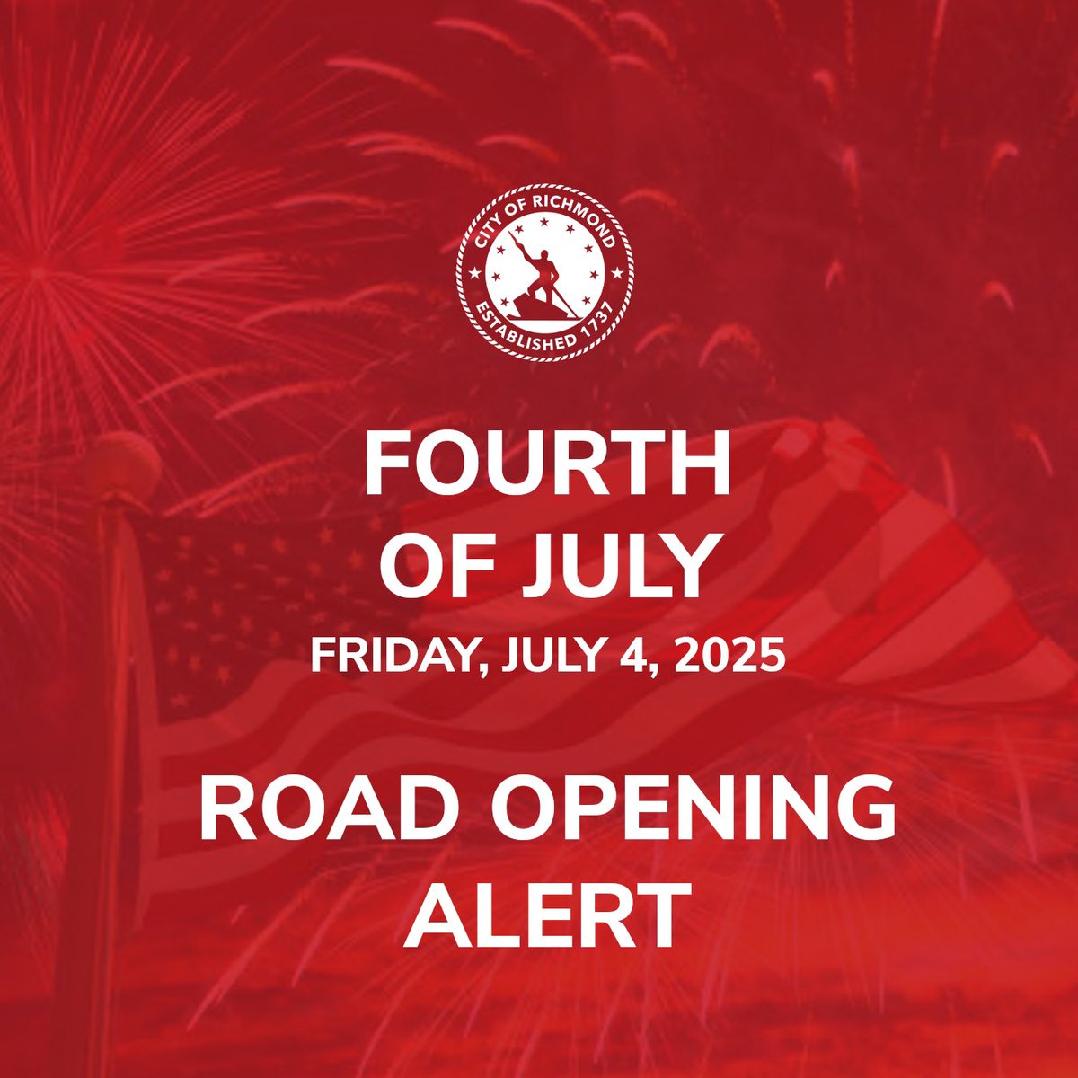 Richmond Police (@richmondpolice) on Twitter photo Roadways in the Byrd Park area have reopened following the Fourth of July concert and fireworks show.
Please be mindful of heavy traffic in the area and expect delays.
<a href="/CityRichmondVA/">City of Richmond, VA</a> Roadways in the Byrd Park area have reopened following the Fourth of July concert and fireworks show.
Please be mindful of heavy traffic in the area and expect delays.
<a href="/CityRichmondVA/">City of Richmond, VA</a>