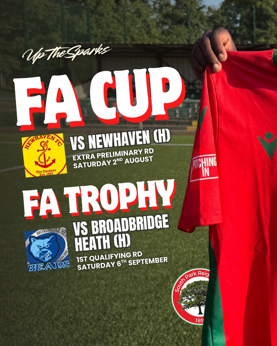 South Park Reigate FC (@south_parkfc) on Twitter photo π | ππ ππ¨π£ & ππ π§π₯π’π£ππ¬
Both the <a href="/EmiratesFACup/">Emirates FA Cup</a> & FA Trophy draws were made yesterday & weβve landed 2 Home ties π
<a href="/NewhavenFC/">Newhaven FC</a> in the extra preliminary round of the FA Cup (Saturday 2nd August)
<a href="/thebearsbbhfc/">BroadbridgeHeath FC</a> in the 1st Qualifying Round of the FA Trophy (Saturday π | ππ ππ¨π£ & ππ π§π₯π’π£ππ¬
Both the <a href="/EmiratesFACup/">Emirates FA Cup</a> & FA Trophy draws were made yesterday & weβve landed 2 Home ties π
<a href="/NewhavenFC/">Newhaven FC</a> in the extra preliminary round of the FA Cup (Saturday 2nd August)
<a href="/thebearsbbhfc/">BroadbridgeHeath FC</a> in the 1st Qualifying Round of the FA Trophy (Saturday