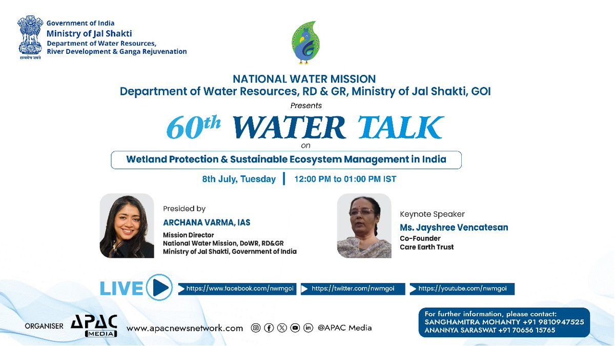 Join us for the 60th Water Talk session organised by the National Water Mission, Ministry of Jal Shakti, Department of Water Resources, RD &amp; GR on 8th July 2025 from 12:00 PM to 01:00 PM IST.

Registration Link: streamyard.com/watch/yrfJkX4x…

#APACMedia #60thWaterTalk