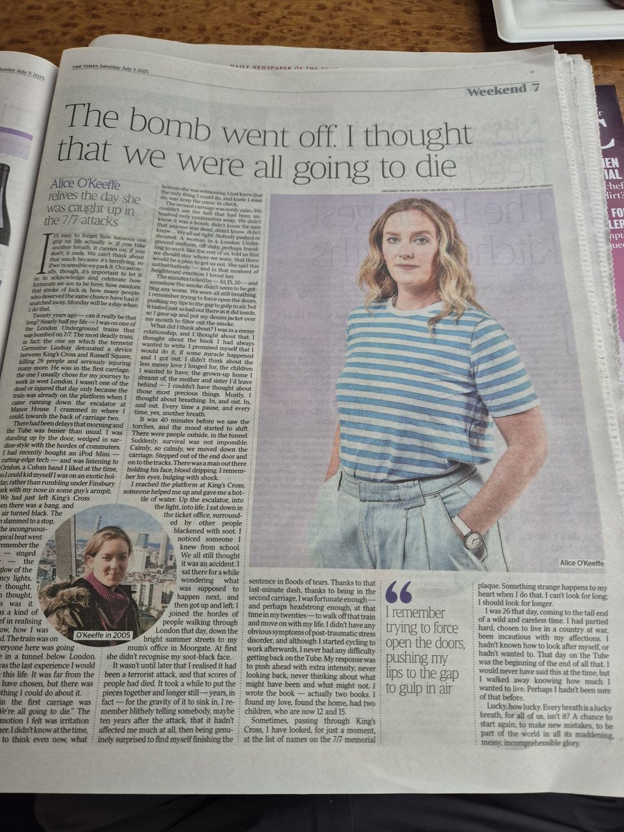 A vivid and touching memory @aliceokeeffe in <a href="/thetimes/">The Times and The Sunday Times</a> as we approach the 20th anniversary of #theLondonBombings #7/7 The devastation below ground and leaving the station a survivor,the light and fresh air and getting on with the (extra) ordinary day.Fate.