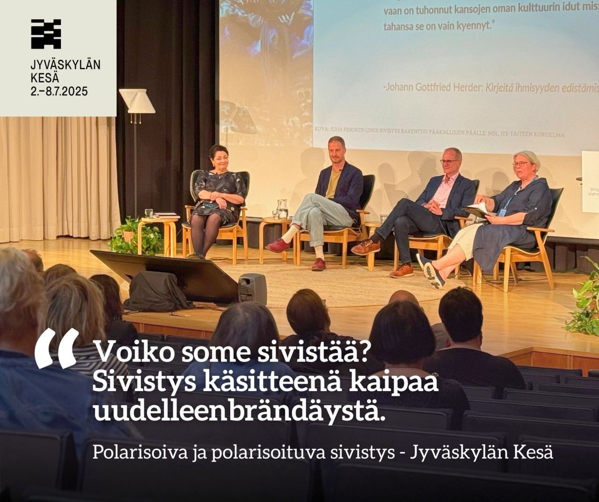 Osallistuin Jyväskylän kesän Polarisoiva ja polarisoituva sivistys -keskusteluun.

Sosiaalinen media oli esillä keskustelussa yhtenä muutostekijänä, joka haastaa ajattelemaan sivistystä uudella tavalla.

Keskustelun tallenne katsottavissa täällä:
areena.yle.fi/1-74861443