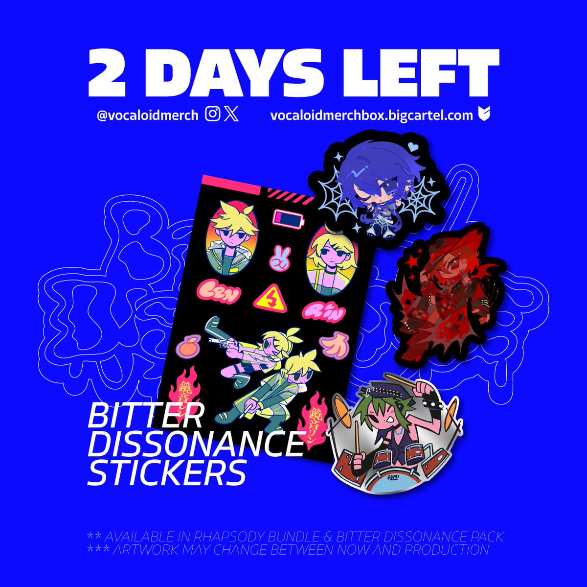 vocaloidmerch's tweet image. βΆ 2 DAYS LEFT | BD STICKERS βΆ
We're stuck on these dark stickers by @poxeii @froflossy & @kaogens! Get them in the next 2 days in the Bitter Dissonance Pack or our RHAPSODY Bundle!
π INTERNATIONAL: vocaloidmerchbox.bigcartel.com
π UK/EU: rhapsodymerchbox.etsy.com