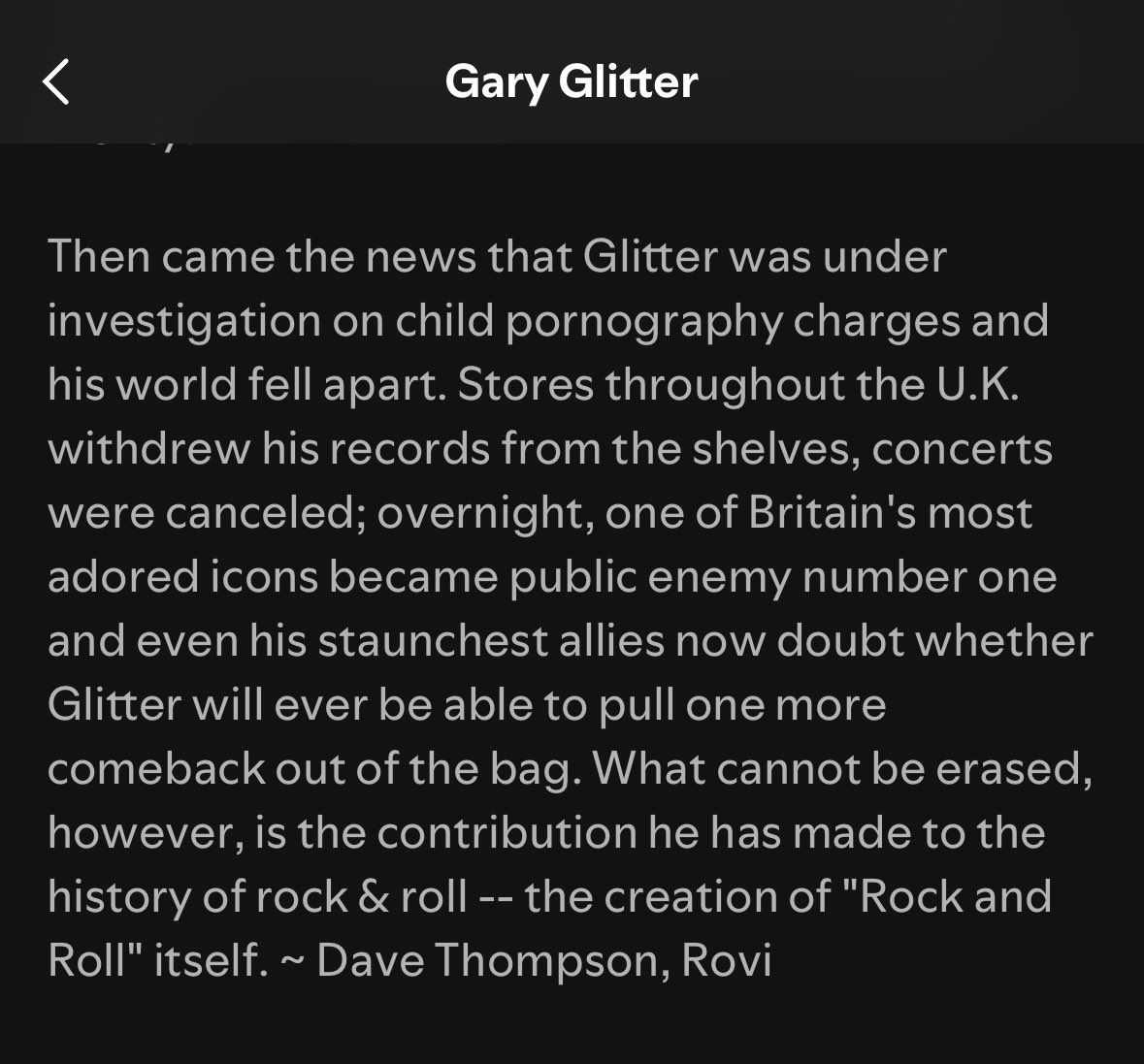 Gary Glitter’s AllMusic bio was clearly written in the “pre-woke era,” as it were