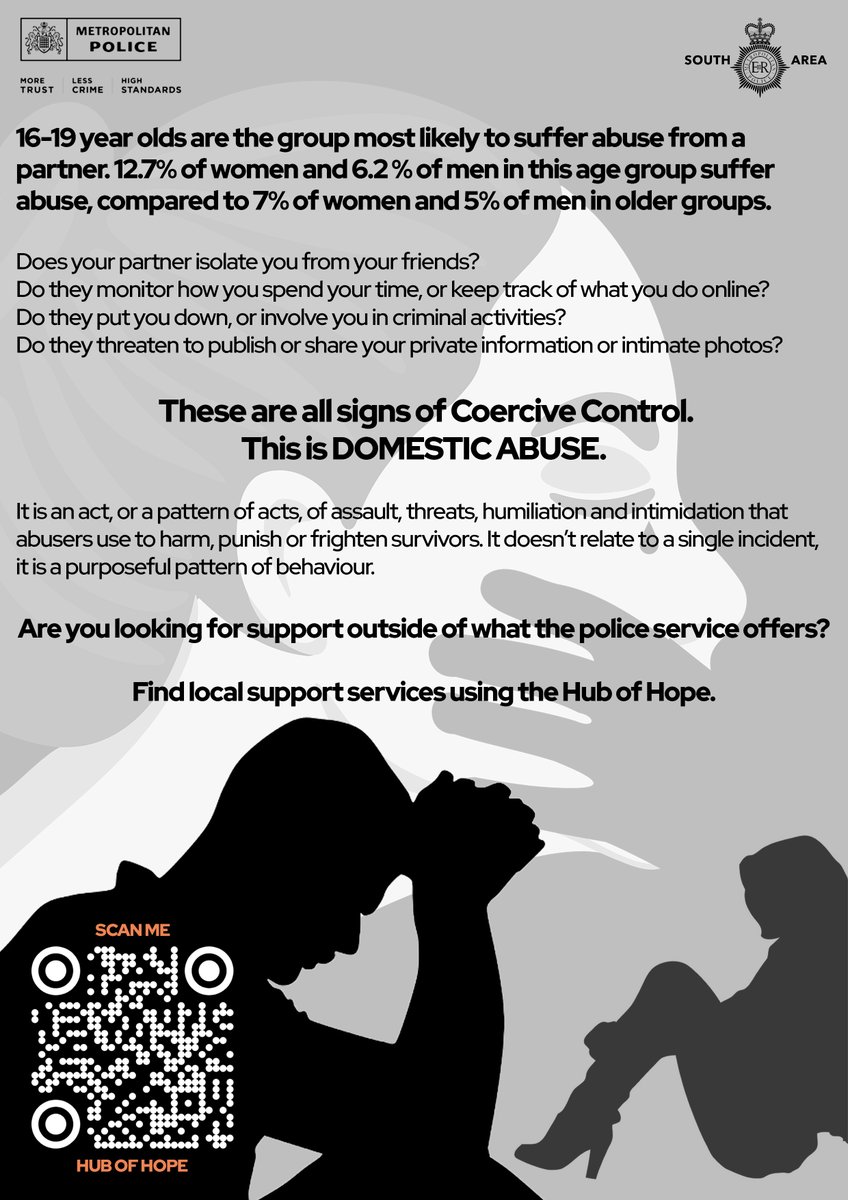 MPSCroydon's tweet image. DOMESTIC ABUSE | Support
16-19 year olds are the group most likely to suffer abuse from a partner. 12.7% of women and 6.2 % of men in this age group suffer abuse, compared to 7% of women and 5% of men in older groups. (cont) spkl.io/l/6013A8oJR