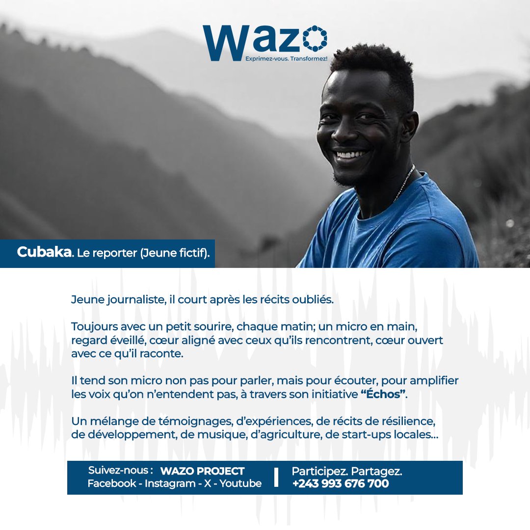 WazoProject01's tweet image. Nous vous présentons *CUBAKA*(Fictif). À travers Wazo podcast,il incarne les réalités du quotidien, transformant les faits en récits. À bientôt pour l'aventure.😇
#Goma #Kinshasa #Communication #wazoproject #WAZO #viral #rdc #jeunesse #narratif #CubakaLeReporter #Podcast