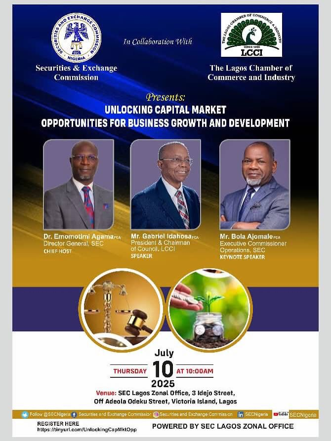 Proshare (@proshare) on Twitter photo <a href="/DMONigeria/">DMO Nigeria</a> <a href="/IMFNews/">IMF</a> <a href="/LCFE_NG/">Lagos Commodities and Futures Exchange</a> <a href="/ecopoliticsNG/">Impact Research</a> <a href="/FinMinNigeria/">Federal Ministry of Finance</a> <a href="/NGRPresident/">Presidency Nigeria</a> <a href="/cenbank/">Central Bank of Nigeria</a> <a href="/ngxgrp/">Nigerian Exchange Group</a> <a href="/NASDNG/">NASD OTC Exchange</a> <a href="/NBS_Nigeria/">NBS Nigeria</a> <a href="/fintechngr/">FINTECH ASSOCIATION OF NIGERIA</a> <a href="/onefoundationng/">Sterling One Foundation</a> <a href="/SECNigeria/">SEC Nigeria</a>, in collaboration with <a href="/lagoschamber88/">Lagoschamber88</a>, presents "Unlocking Capital Market Opportunities for Business Growth and Development".
Date: Thursday, 10th July 2025
Time: 10 am
Venue: Sec Lagos Zonal Office, 3, Idejo Street, off Adeola Odeku Street, VI, Lagos
Register <a href="/DMONigeria/">DMO Nigeria</a> <a href="/IMFNews/">IMF</a> <a href="/LCFE_NG/">Lagos Commodities and Futures Exchange</a> <a href="/ecopoliticsNG/">Impact Research</a> <a href="/FinMinNigeria/">Federal Ministry of Finance</a> <a href="/NGRPresident/">Presidency Nigeria</a> <a href="/cenbank/">Central Bank of Nigeria</a> <a href="/ngxgrp/">Nigerian Exchange Group</a> <a href="/NASDNG/">NASD OTC Exchange</a> <a href="/NBS_Nigeria/">NBS Nigeria</a> <a href="/fintechngr/">FINTECH ASSOCIATION OF NIGERIA</a> <a href="/onefoundationng/">Sterling One Foundation</a> <a href="/SECNigeria/">SEC Nigeria</a>, in collaboration with <a href="/lagoschamber88/">Lagoschamber88</a>, presents "Unlocking Capital Market Opportunities for Business Growth and Development".
Date: Thursday, 10th July 2025
Time: 10 am
Venue: Sec Lagos Zonal Office, 3, Idejo Street, off Adeola Odeku Street, VI, Lagos
Register
