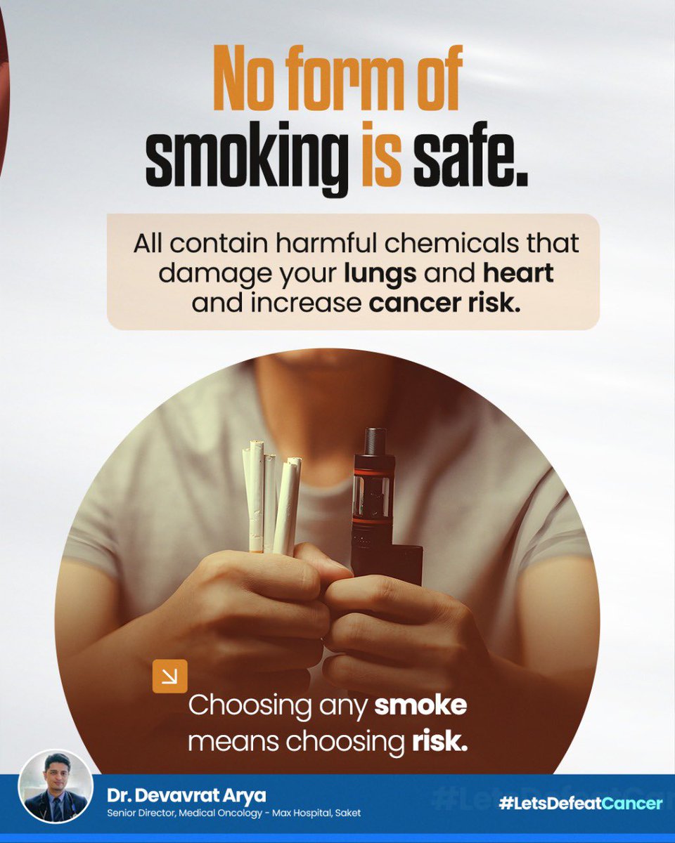 Hookah, vapes, beedis — not safer than cigarettes. All forms of smoking harm your lungs, heart, and increase cancer risk.
There’s no safe way to smoke. The only safe choice is to quit.

#LetsDefeatCancer #NoTobacco #VapeMyths #QuitSmokingNow #DrDevavratArya
