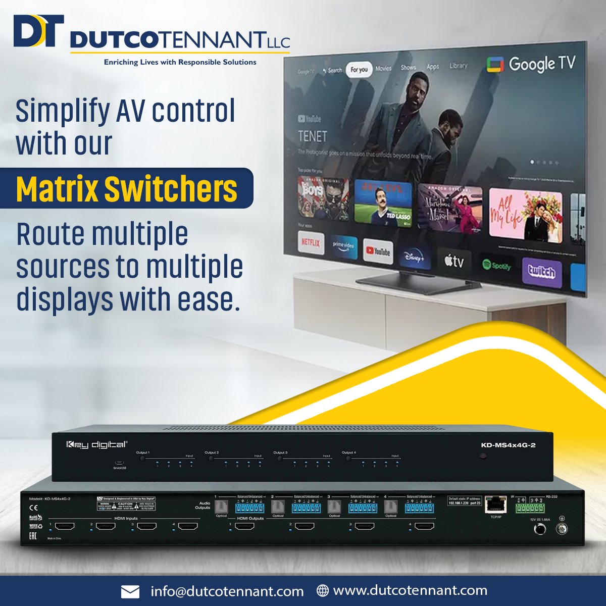 Dutco Tennant LLC (@dutcotennant) on Twitter photo Distribute, manage, and control your #AV sources smarter with Key Digital #MatrixSwitchers
📩 Contact us at info@dutcotennant.com to learn more about customizing your AV infrastructure.
#AVSolutions #KeyDigital #DutcoTennantLLC Distribute, manage, and control your #AV sources smarter with Key Digital #MatrixSwitchers
📩 Contact us at info@dutcotennant.com to learn more about customizing your AV infrastructure.
#AVSolutions #KeyDigital #DutcoTennantLLC