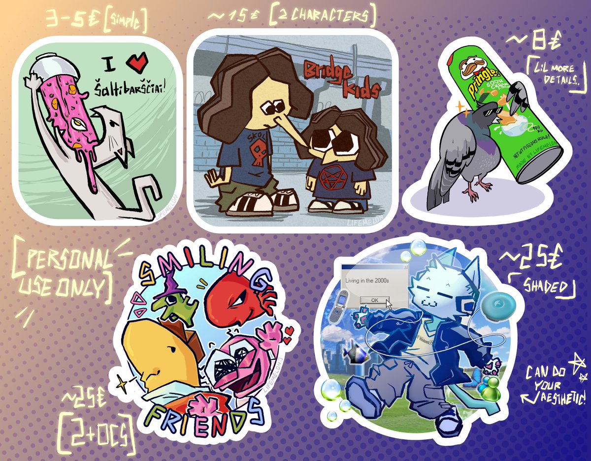 LifeMelon1's tweet image. Heya, opening c0mms/trades till July 13th!

Doodles(5) start at 5€
Sketch pages(3)/sketch illustrations(1-4): at 15€! 

Custom stickers 3-25€ 
Paypal only! #comms #stickerart