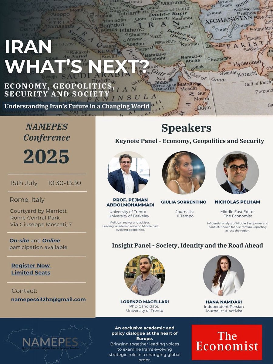 Register for the conference on Iran : What next? In Rome on July 15th. Limited seat in presence and onlice. Looking forward!
Students Researchers and Journalists have reduced fee.
Here the link:

forms.gle/fLWP4dF5ksH4Sn…