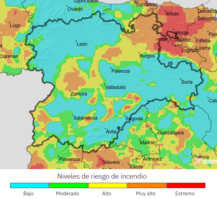 🌡️Temperaturas máximas en ligero o moderado descenso (33 ºC).
🌧️Chubascos con tormenta por la tarde en la mitad Norte y Este.
🌬️Viento del norte y noreste, flojo a moderado.
🔥Riesgo de #IIFF extremo en zonas de Segovia y norte de Burgos. Muy alto en zonas de P, ZA, SA, VA y AV.