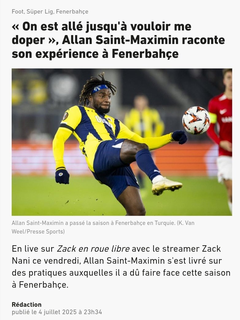🗞️ FENERBAHÇE VE DOPİNG, AVRUPA BASININDA GÜNDEM OLDU.

Foot Mercato: "Allan Saint-Maximin, Fenerbahçe'deki çilesini anlatıyor... Kulüpte kendisine yönelik olarak "beni dopinglemeye bile kalktılar, durumun ne kadar ciddi olduğunu anlamak için bu yeterli" dedi."

La Gazzetta dello