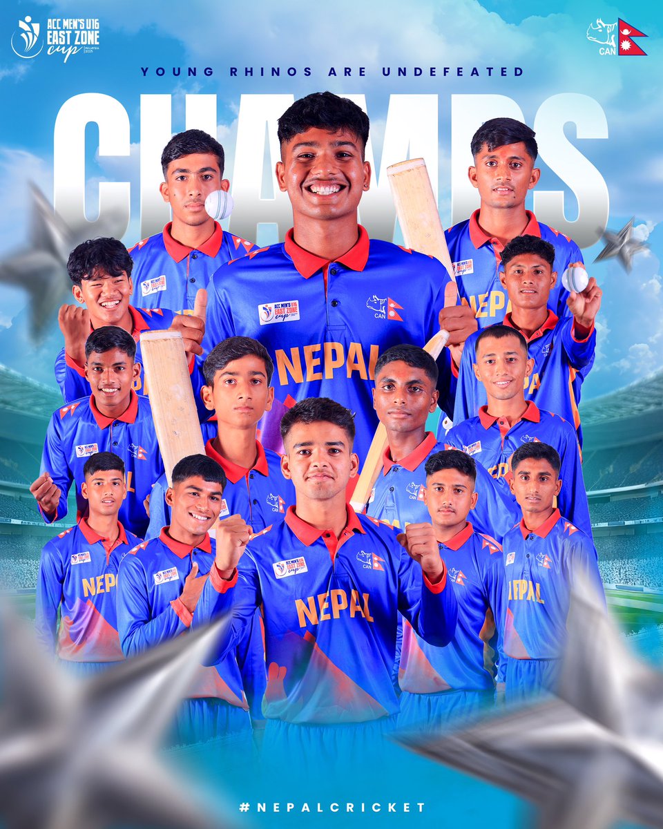 👑 𝗥𝗼𝗮𝗿𝗲𝗱. 𝗥𝘂𝗹𝗲𝗱. 𝗥𝗲𝗶𝗴𝗻𝗲𝗱. 🏆

Countless 5️⃣0️⃣, couple of 💯and wicket hauls as Young #Rhinos are UNDEFEATED Champions! 🏆

#NepalCricket | #FutureStars