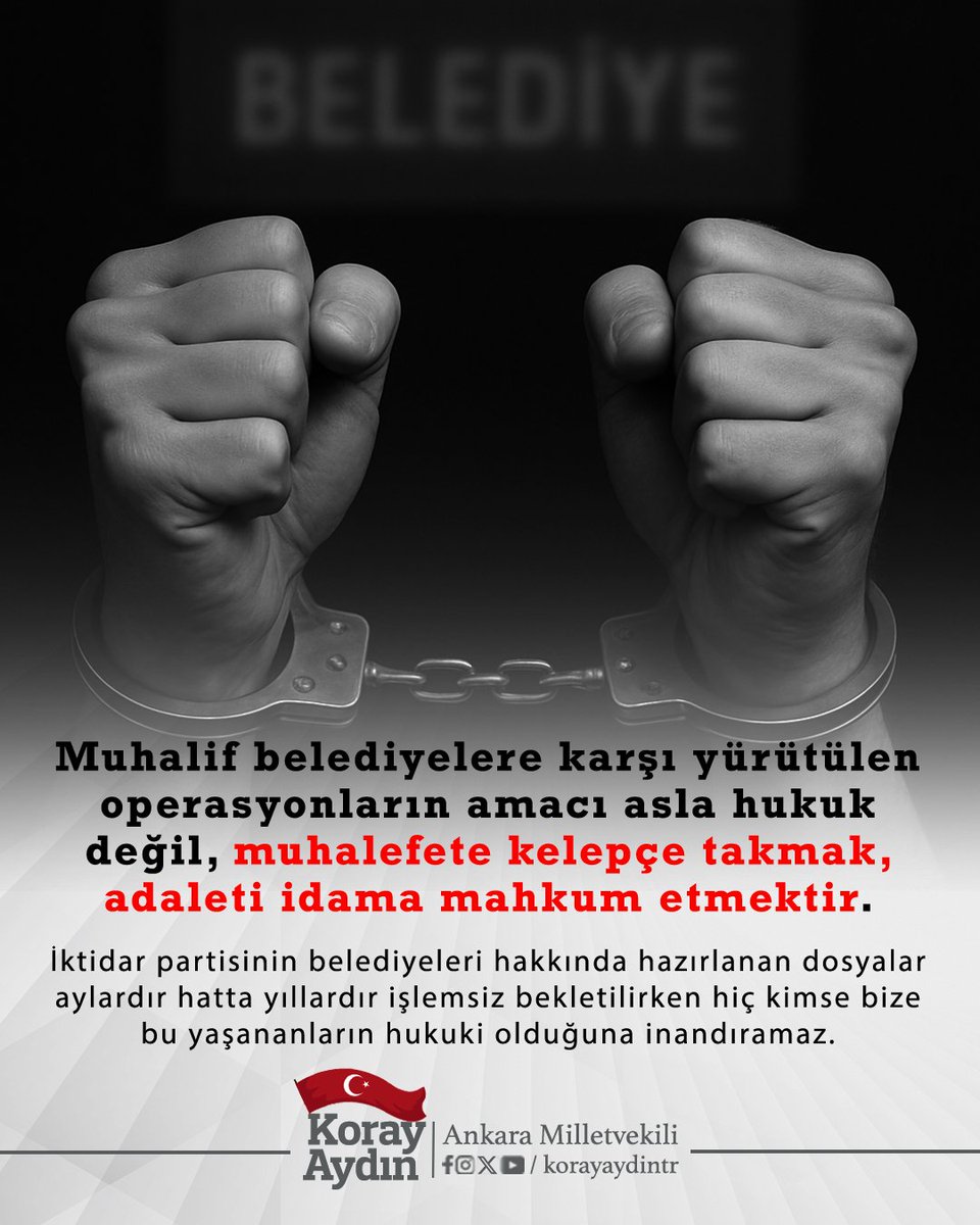 Muhalif belediyelere karşı yürütülen operasyonların amacı asla hukuk değil, muhalefete kelepçe takmak, adaleti idama mahkum etmektir.

Adana Büyükşehir Belediye Başkanı Sayın Zeydan Karalar, Adıyaman Belediye Başkanı Sayın Abdurrahman Tutdere, Antalya Büyükşehir Belediye Başkanı