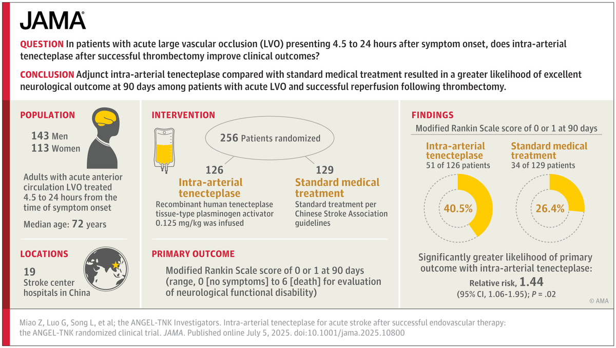 In patients with acute large vessel occlusion (LVO),  intra-arterial tenecteplase after successful thrombectomy improved 90-day neurological outcomes without increasing hemorrhage or mortality. 

ja.ma/3Itl9kX