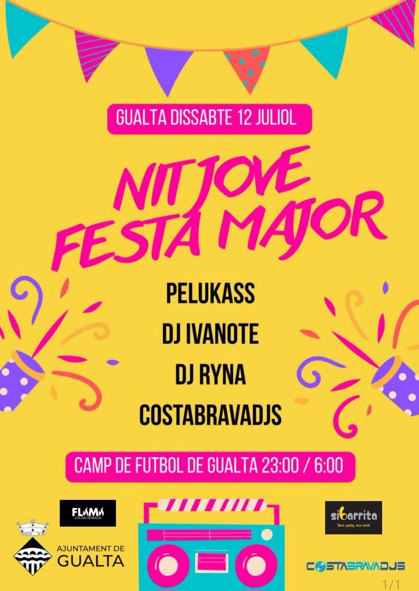 Ajuntament de Gualta (@ajgualta) on Twitter photo El 12 juliol no et perdis la Festa Jove de #Gualta! Al camp de futbol, de 23 h a 6 h, t’hi esperen Pelukass, DJ Ivanote, DJ Ryna i Costa Brava DJs! I si vols venir abans a sopar, des de les 22 h hi trobaràs els companys de FLAMA.Cocina Nómada i <a href="/Sibarrita/">Sibarrita.com</a>. Entrada gratuïta! El 12 juliol no et perdis la Festa Jove de #Gualta! Al camp de futbol, de 23 h a 6 h, t’hi esperen Pelukass, DJ Ivanote, DJ Ryna i Costa Brava DJs! I si vols venir abans a sopar, des de les 22 h hi trobaràs els companys de FLAMA.Cocina Nómada i <a href="/Sibarrita/">Sibarrita.com</a>. Entrada gratuïta!