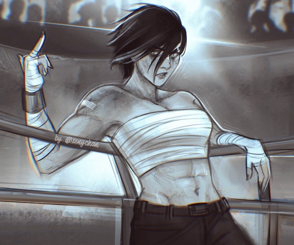 Vi4Violet's tweet image. Vi didn't even look up as she adjusted herself and her bandages. Honestly her knuckles hurt more just from the constant barrage she put on her opponent

"Yes you are....." 

Vi simple said when she finally got everything readjusted, finally looking back up to rumi nonchalantly