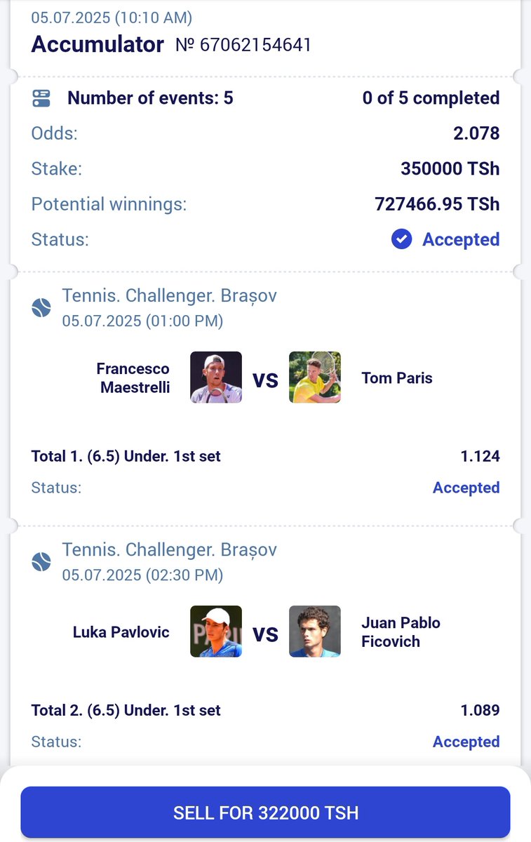 *TENNIS*

CODE YA MKEKA:: U54S9

Jisajili na PARIPESA 

Reg link cutt.ly/PICK11

Promo code Jaza *PICK11*

PASSWORD WEKA HERUFI NA NAMBA 
MFANO: Juma#123