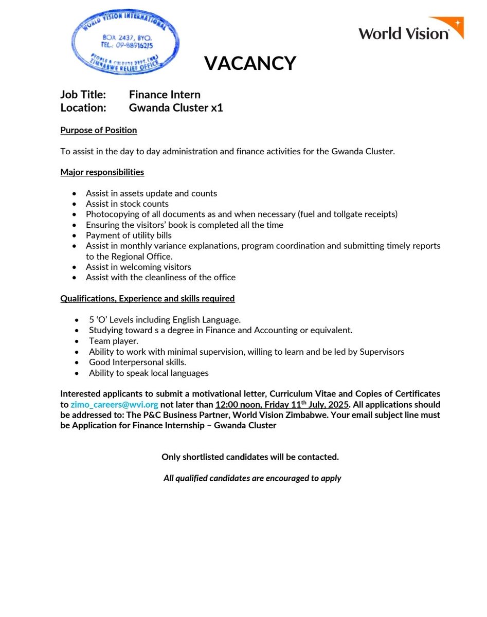 World Vision Zimbabwe (@worldvisionzim) on Twitter photo Vacancy Alert!
Interested applicants to submit a motivational letter, Curriculum Vitae and Copies of Certificates to zimo_careers@wvi.org not later than 12:00 noon, Friday 11th July, 2025.
Kindly note that <a href="/WorldVision/">World Vision</a> does not ask for any form of payment for opportunities! Vacancy Alert!
Interested applicants to submit a motivational letter, Curriculum Vitae and Copies of Certificates to zimo_careers@wvi.org not later than 12:00 noon, Friday 11th July, 2025.
Kindly note that <a href="/WorldVision/">World Vision</a> does not ask for any form of payment for opportunities!