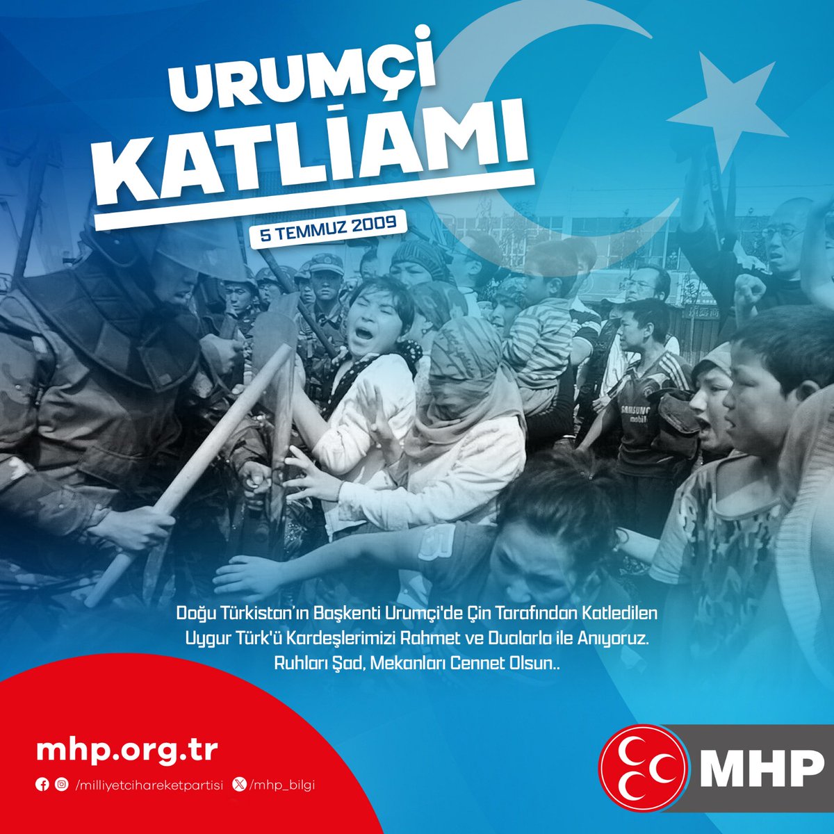Doğu Türkistan'ın Başkenti Urumçi'de Çin tarafından katledilen Uygur Türk'ü kardeşlerimizi rahmet ve dualarla anıyoruz.
Ruhları şad, mekanları cennet olsun
