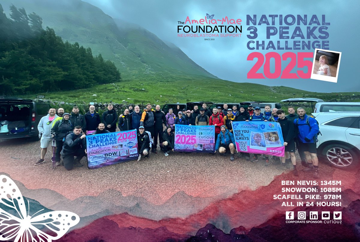 Our amazing team began the 3 Peaks Challenge at 6a, they're now battling the elements on Ben Nevis, the first of three mountains in 24 hours! 🏔️💪
💬 Drop them some love &amp; support 👇
#ThreePeaks #AmeliaMaeFoundation #BenNevis #CharityChallenge #Neuroblastoma