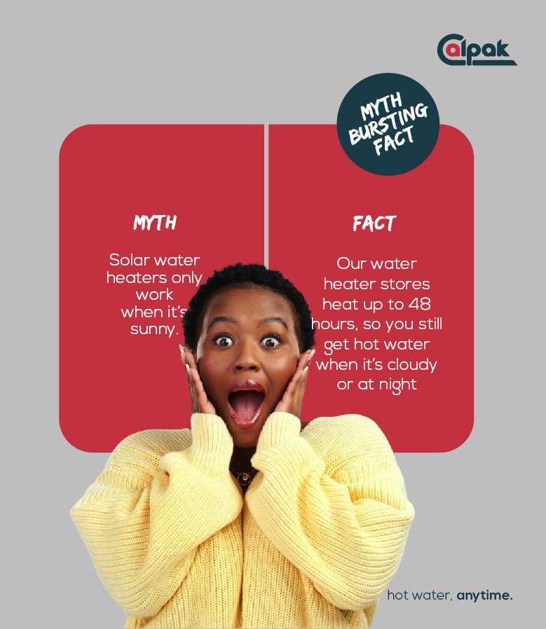 Calpaknigeria's tweet photo. MYTH: Solar heaters only work when it’s sunny.
FACT: Calpak stores heat up to 48hrs
That means hot water, even when it's cloudy or night. Mind = 🤯
Why settle for cold showers when you can enjoy hot water, anytime? 🔥
#HotWaterAnytime #Calpak #SolarFacts #BLACKPINK #Caramelyk https://t.co/3gxtwqDLl4