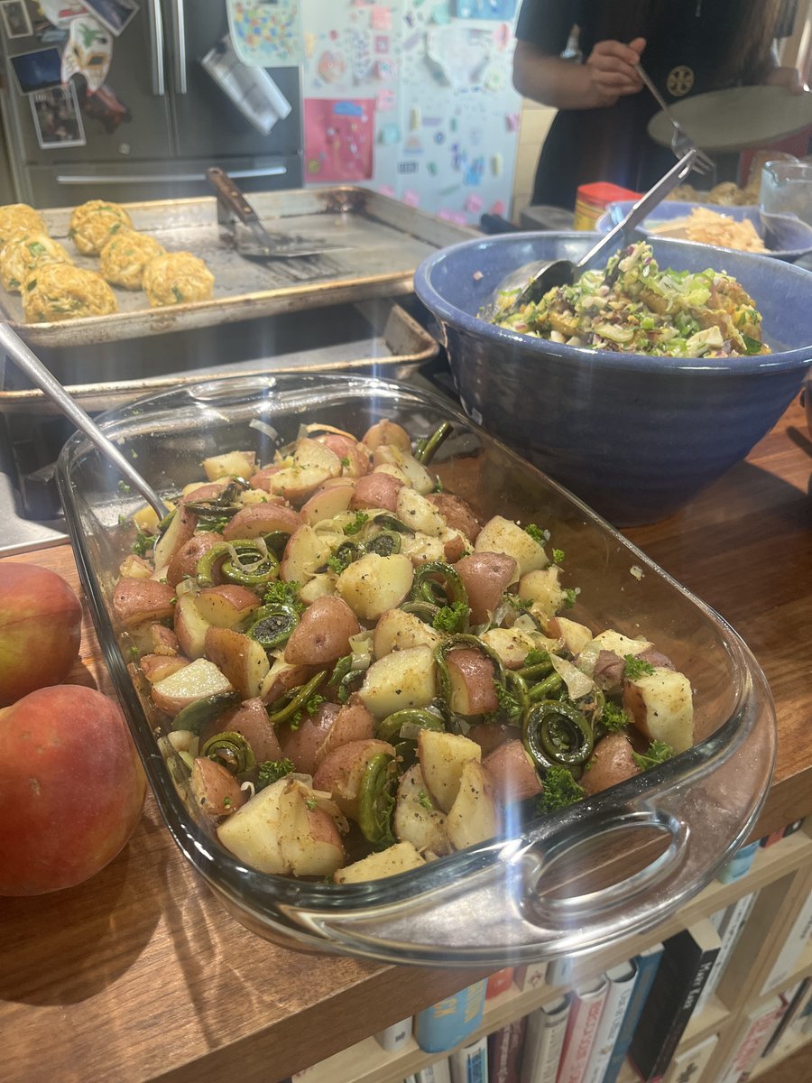 Happy 4th everyone!  

Gemini app helped me come up with this recipe
 "I have red potatoes, leeks, fiddle head ferns,  shallots and parsley. Help me make a recipe that's a great side dish for crab cakes for a 4th of July dinner. The constraints are that I cannot use dairy or