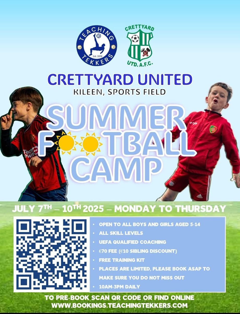 2 days to go until camp starts 

Places still available 

bookings.teachingtekkers.com/bookingForm/74 

#crettyard #hontheyard #cretty